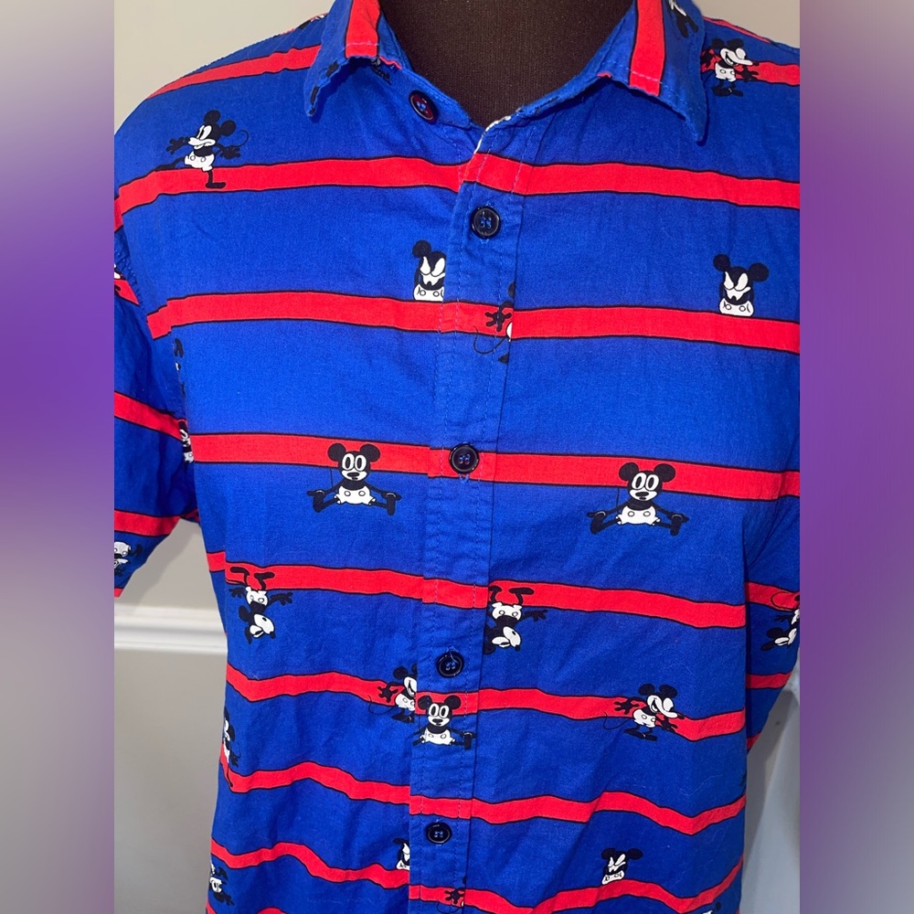 Disney Shirt Mens Large Blue Red Button Up Forever 21 Original Mickey Mouse